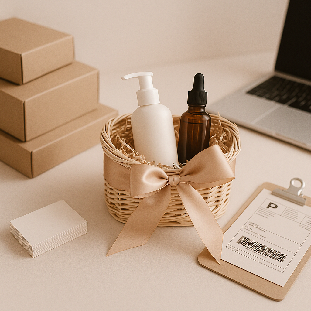Cestas corporativas de belleza listas para enviar: cesta nude con lazo, productos cosméticos y logística de envíos